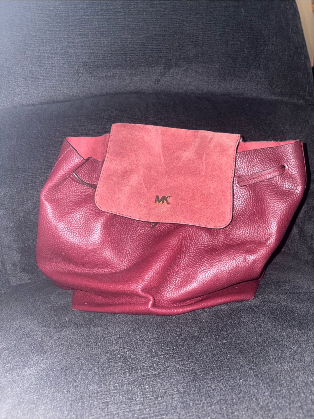 Michael Kors Wine Leather Drawstring Shoulder Bag with Suede Flap